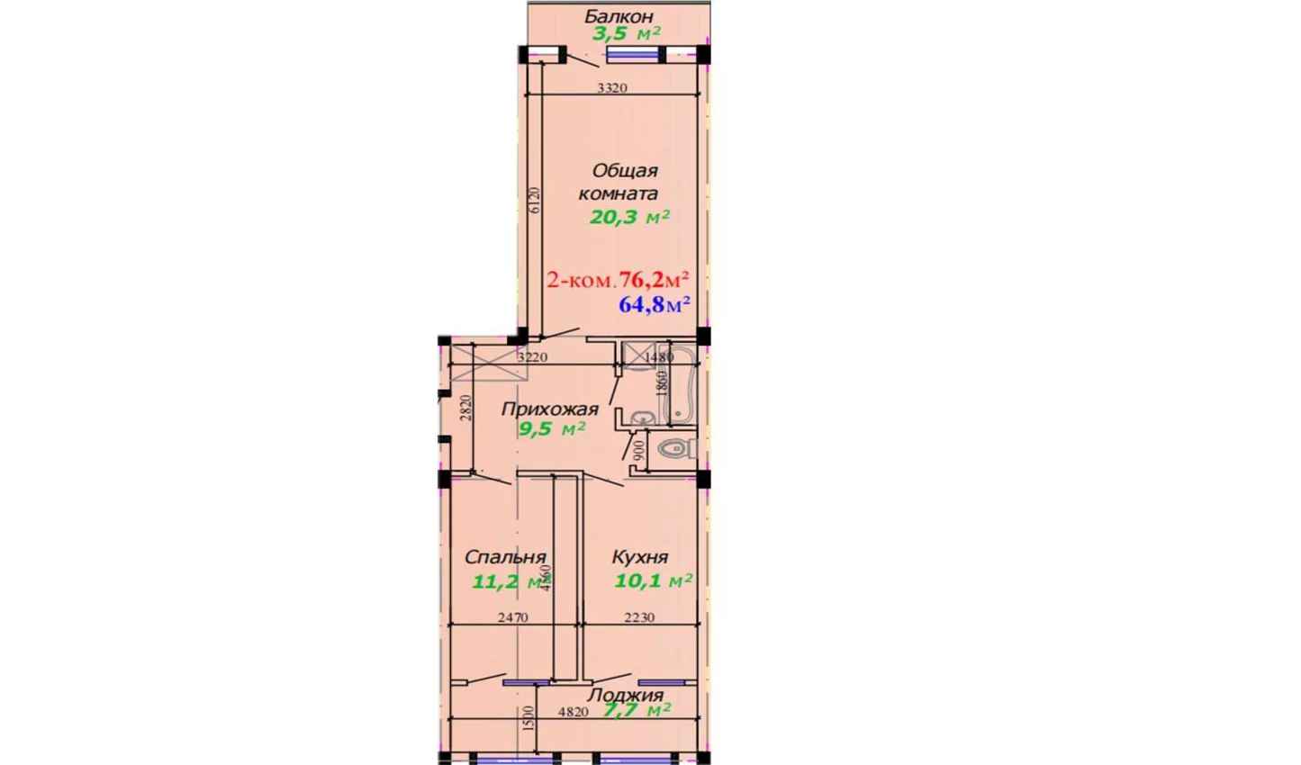 2-xonali xonadon 76.2 m²  5/5 qavat