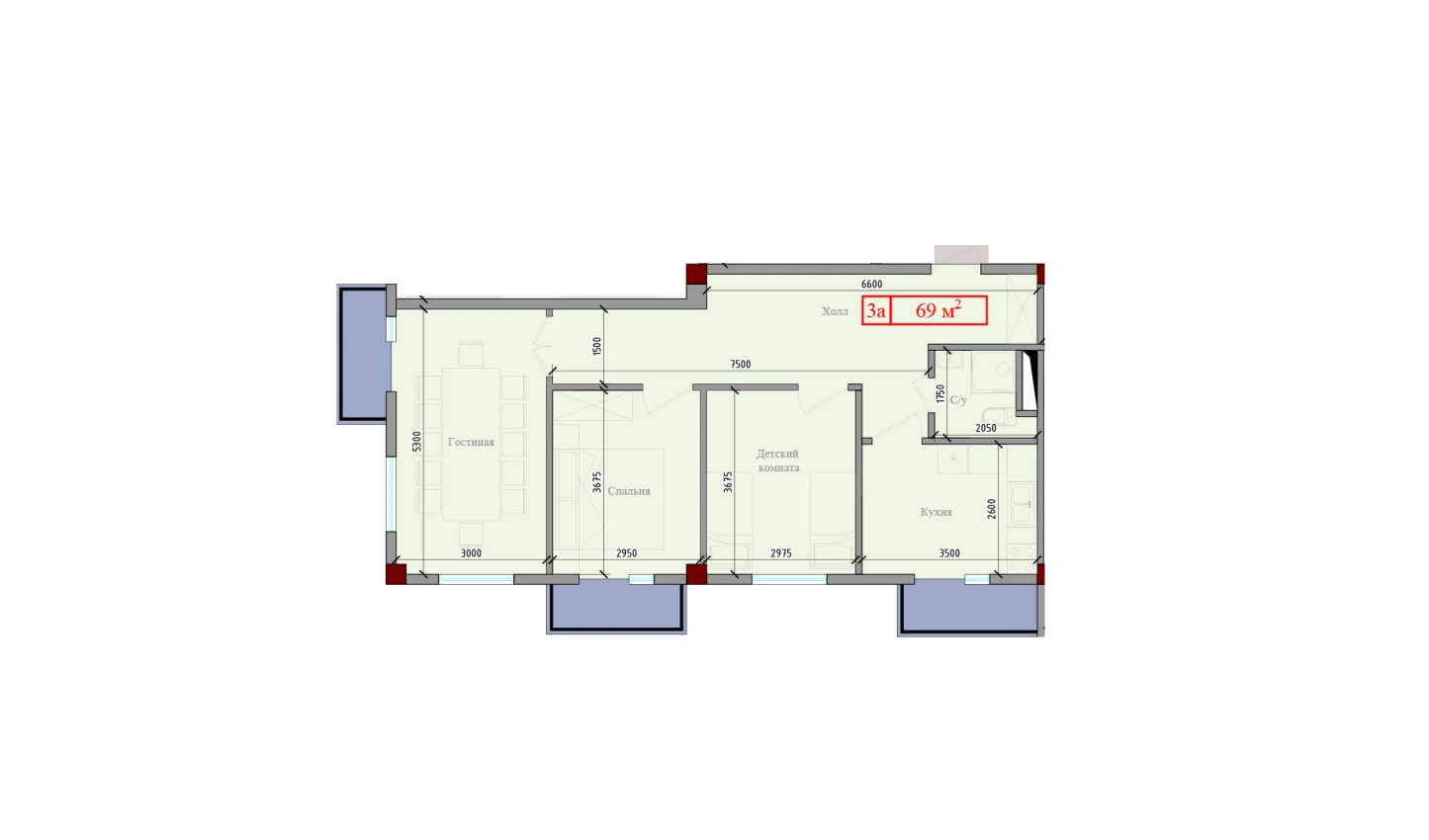 3-комнатная квартира 69 м²  3/3 этаж