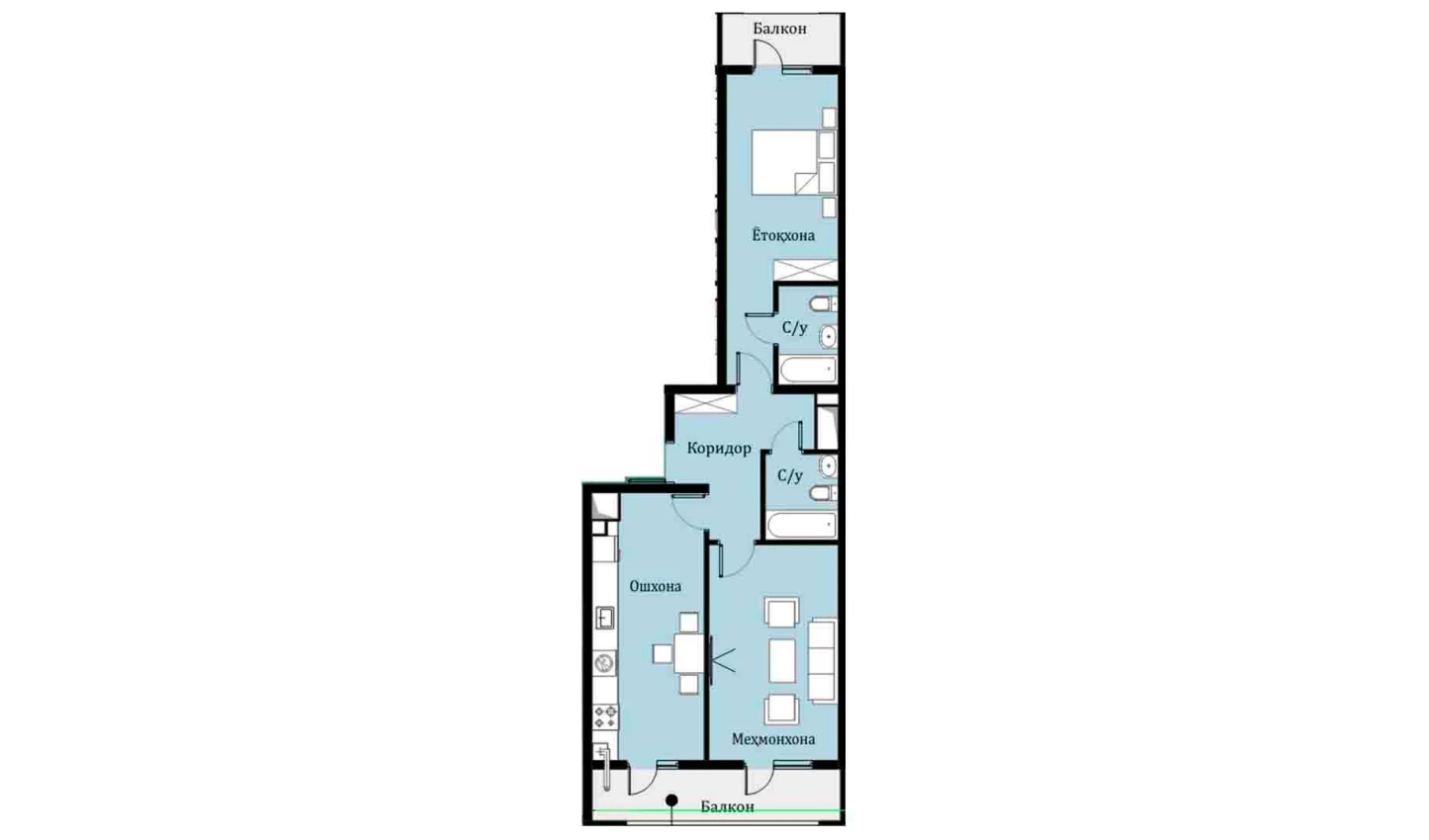 2-xonali xonadon 63.99 m²  9/16 qavat | SOKIN DIYOR Turar-joy majmuasi