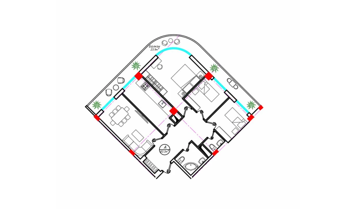 4-xonali xonadon 83.3 m²  14/14 qavat