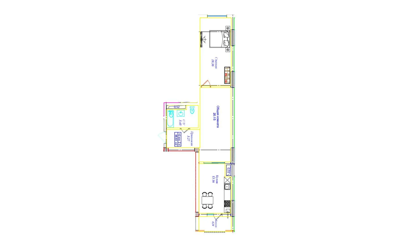 2-xonali xonadon 66.63 m²  6/6 qavat