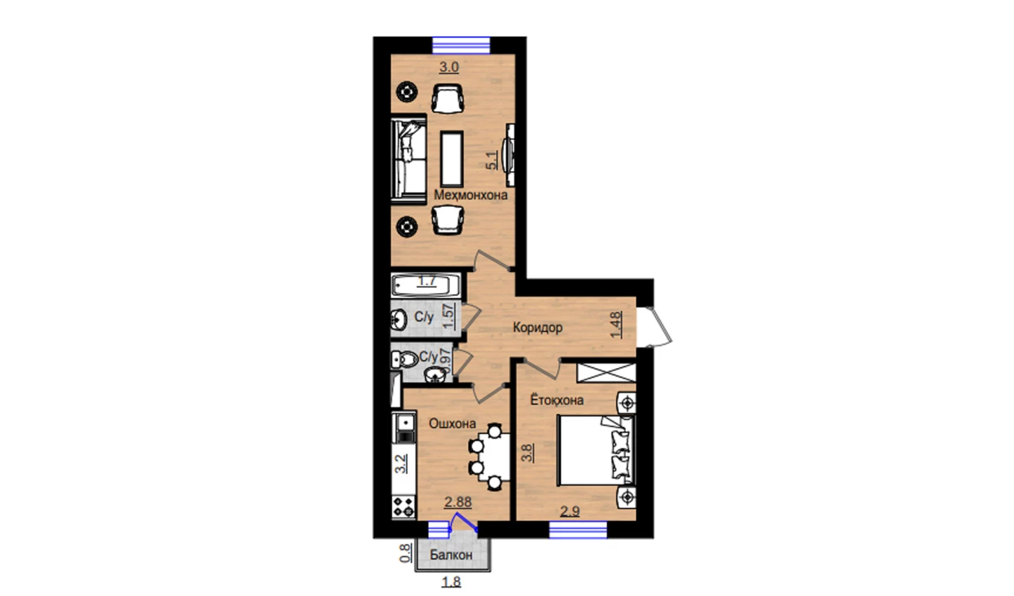 2-комнатная квартира 57.26 м²  4/4 этаж