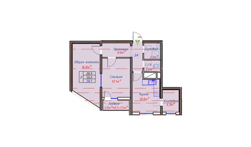 2-комнатная квартира 58.1 м²  14/16 этаж | Жилой комплекс TRINITY