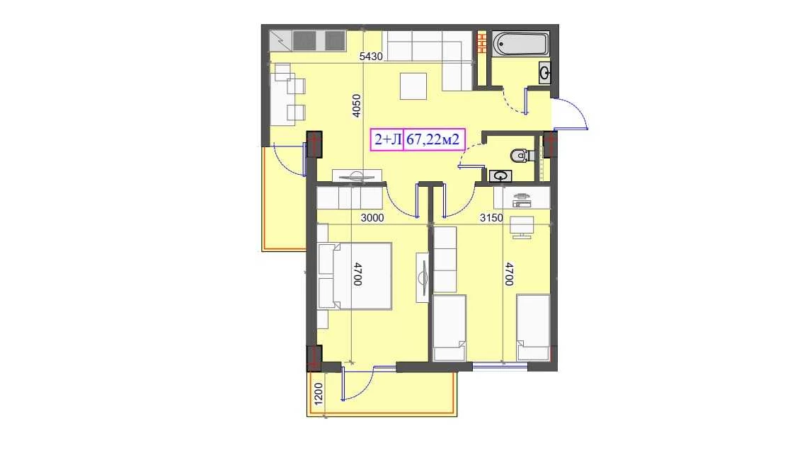 2-комнатная квартира 67.22 м²  2/2 этаж