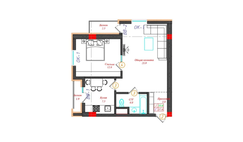 2-комнатная квартира 57.6 м²  4/12 этаж | Жилой комплекс CHINARA PARK