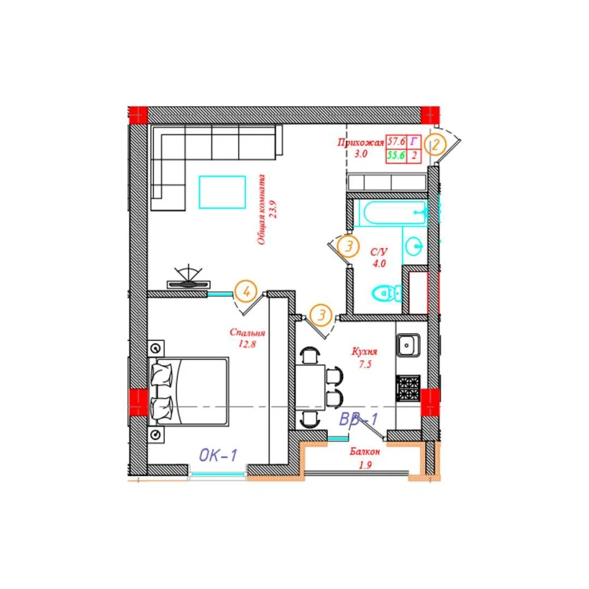 2-комн. квартира 57.6 м²  11/12 этаж | Жилой комплекс CHINARA PARK