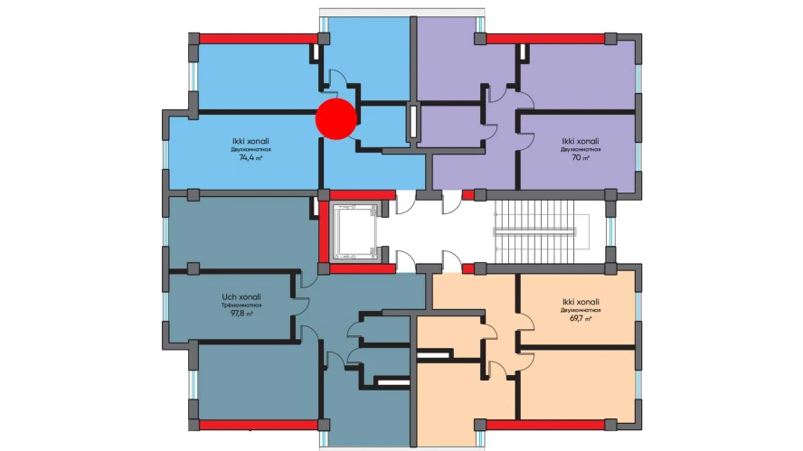 2-xonali xonadon 74.4 m²  8/8 qavat