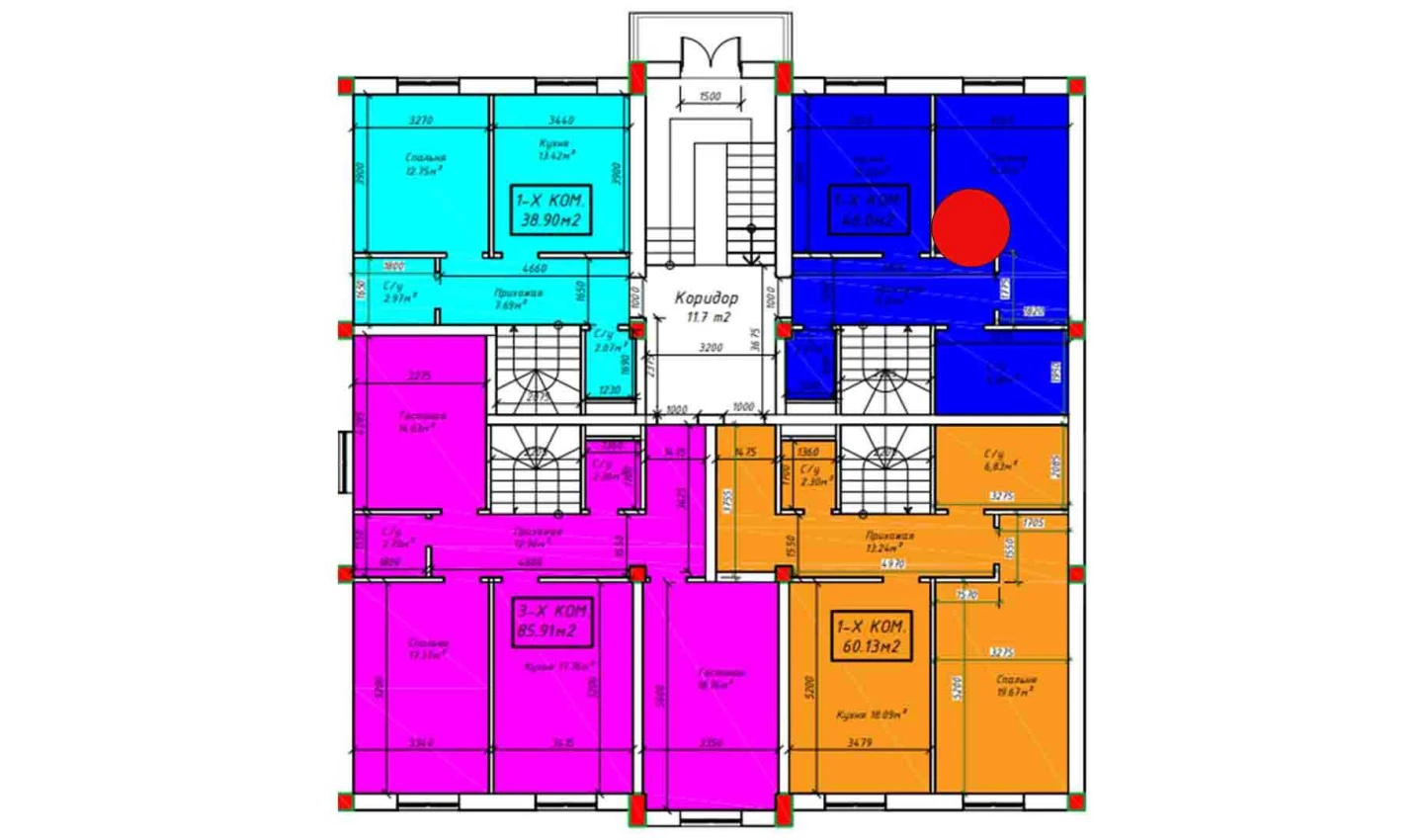 1-xonali xonadon 43.62 m²  3/3 qavat