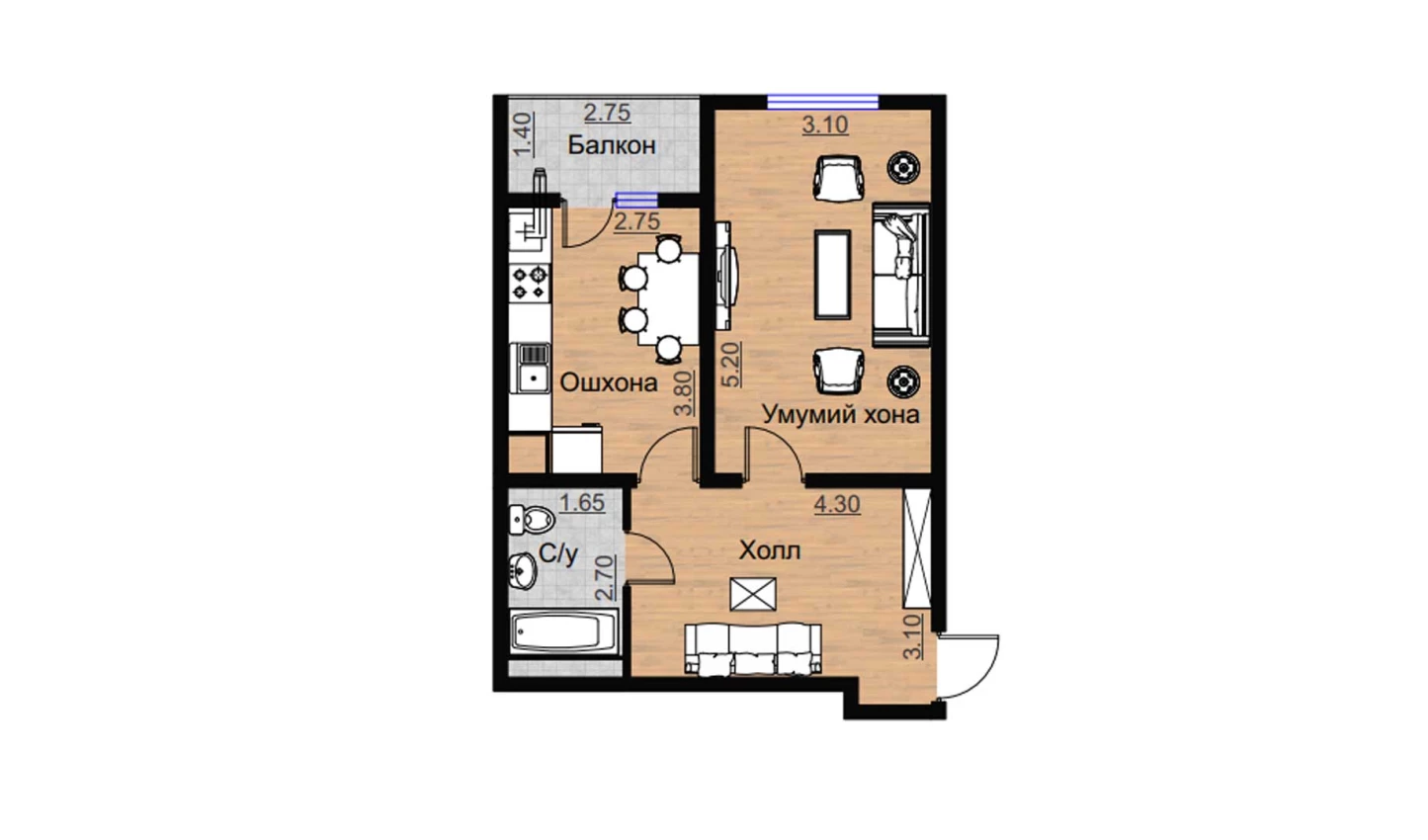 1-комнатная квартира 52.09 м²  13/13 этаж