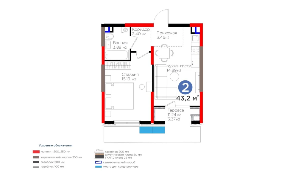 2-комнатная квартира 43.2 м²  3/3 этаж