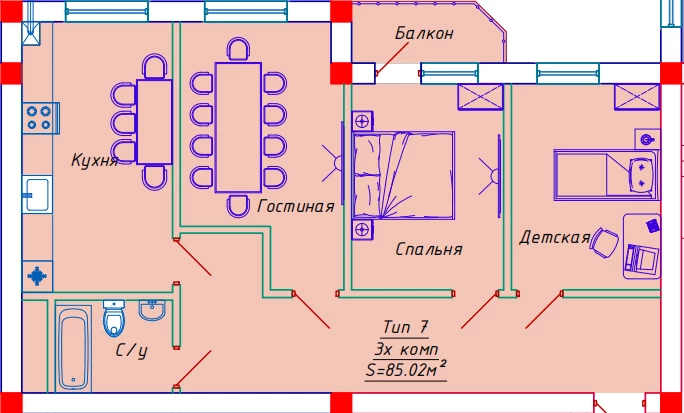 3-комнатная квартира 85.02 м²  5/5 этаж