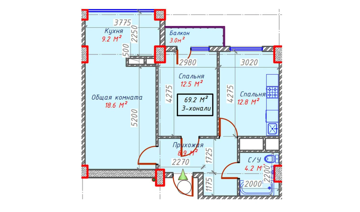 3-xonali xonadon 69.2 m²  9/9 qavat