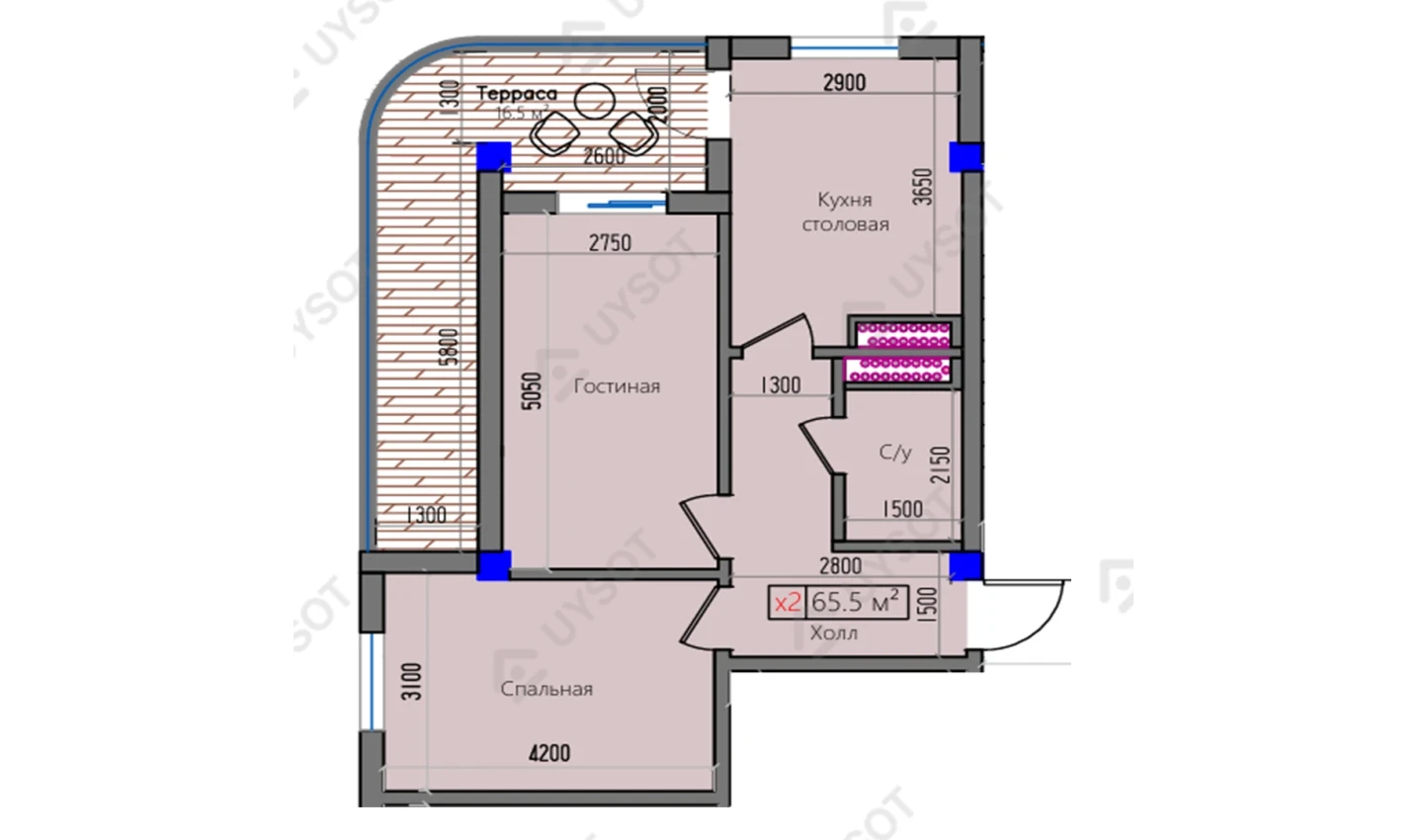 2-комнатная квартира 65.5 м²  3/3 этаж