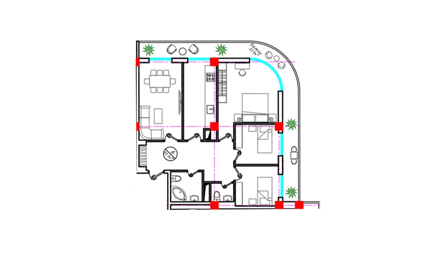 4-xonali xonadon 83.3 m²  24/24 qavat