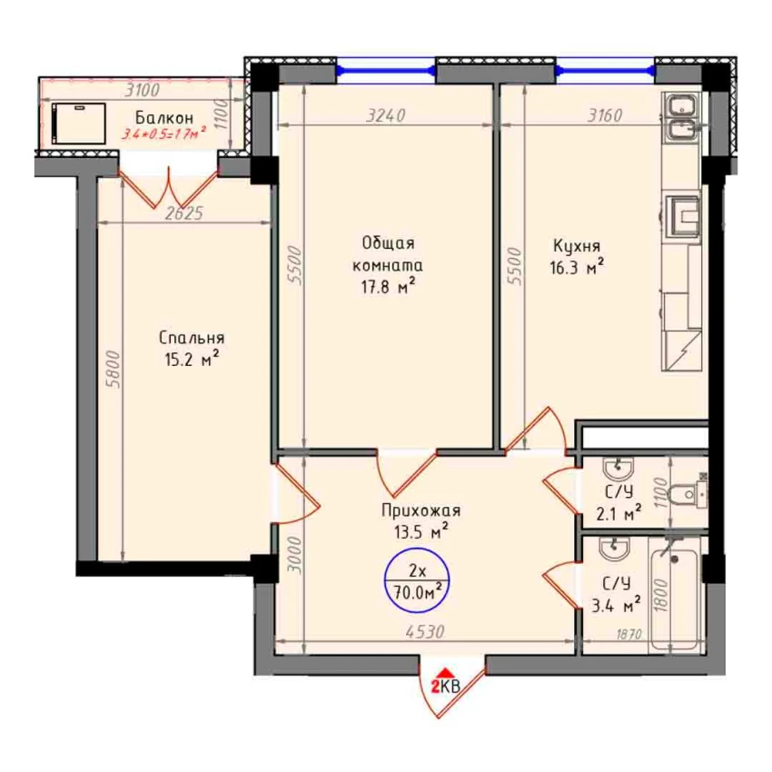 2-комнатная квартира 70 м²  6/6 этаж