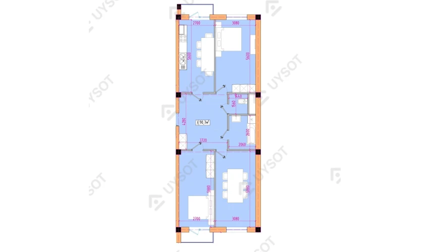 3-xonali xonadon 90.7 m²  11/12 qavat | Mountain View Turar-joy majmuasi