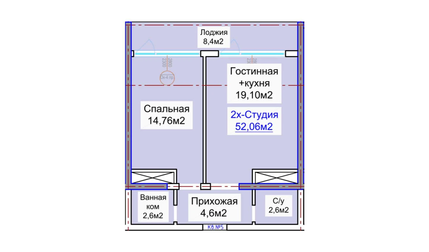 2-xonali xonadon 52.06 m²  5/5 qavat