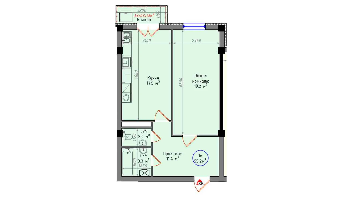 1-комнатная квартира 55.2 м²  4/4 этаж