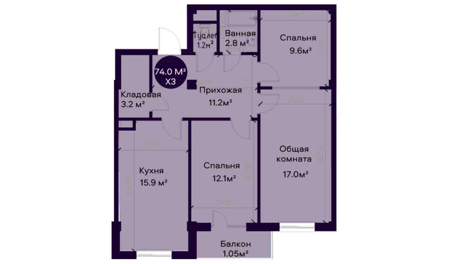 3-комнатная квартира 74 м²  4/4 этаж