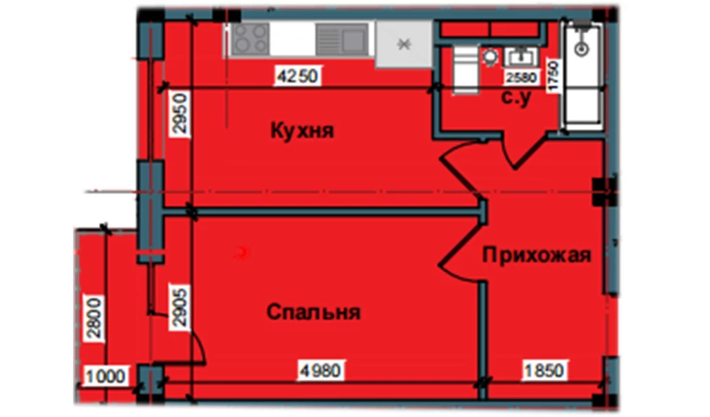 1-комнатная квартира 43.5 м²  5/5 этаж