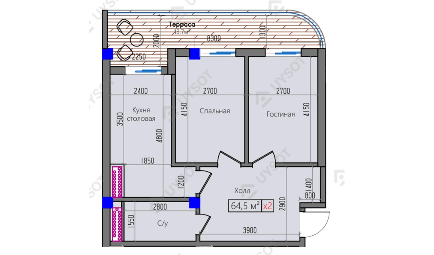 2-комнатная квартира 64.5 м²  8/8 этаж