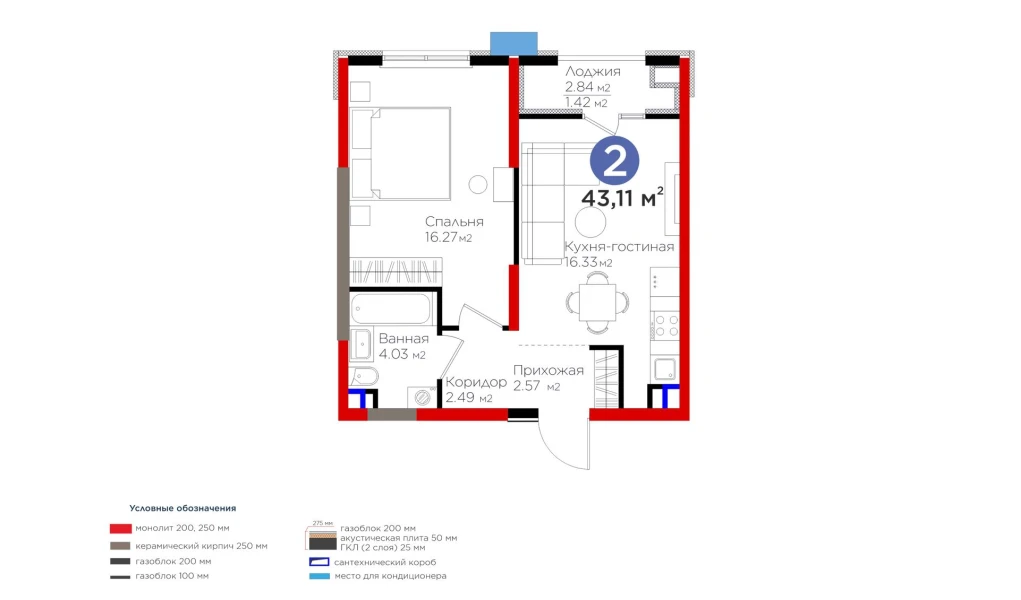 2-комнатная квартира 43.11 м²  5/5 этаж