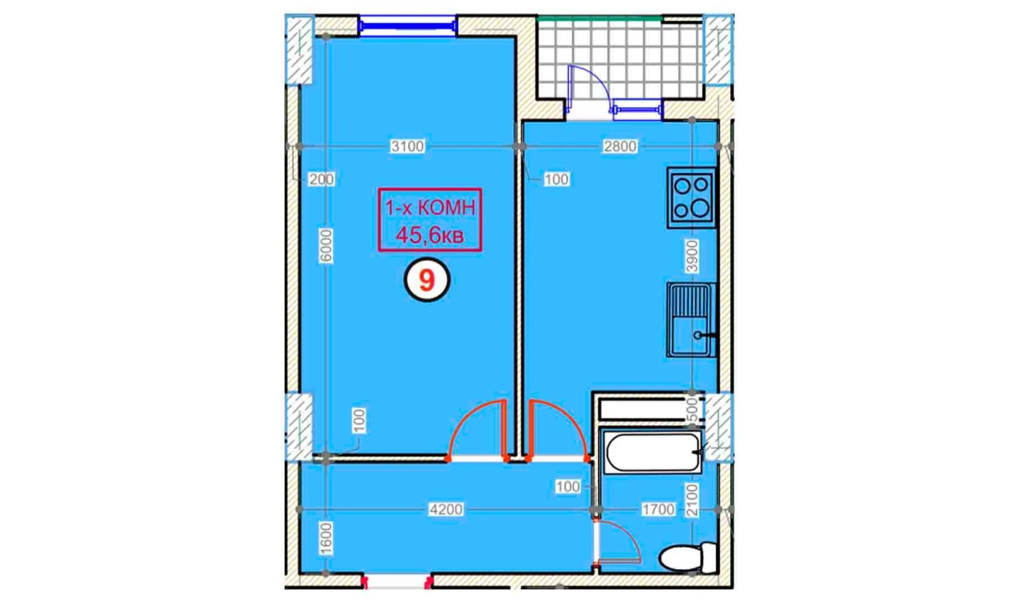 1-комнатная квартира 45.6 м²  5/5 этаж