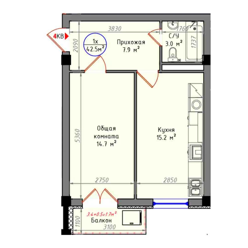 1-xonali xonadon 42.5 m²  9/9 qavat