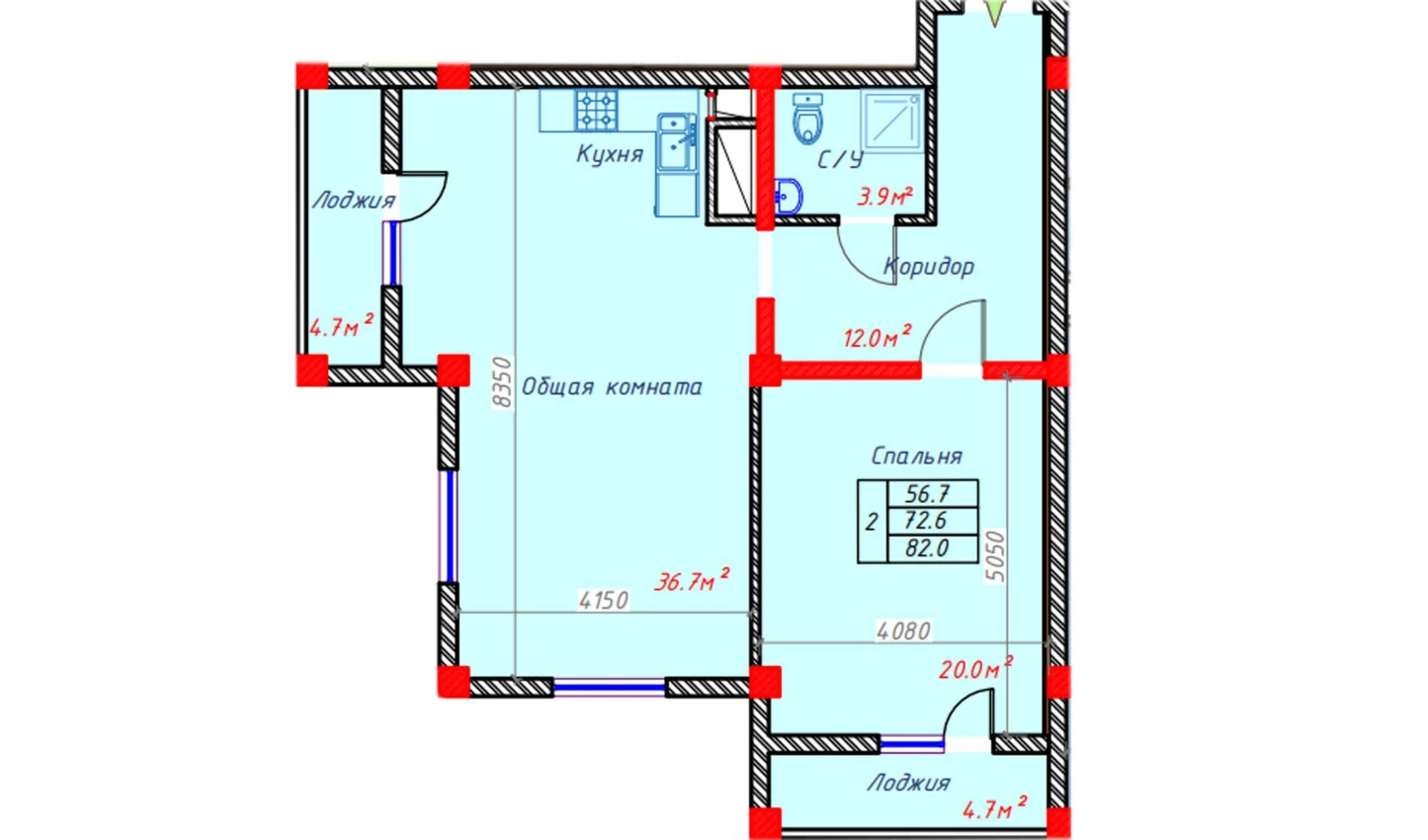 2-xonali xonadon 82 m²  7/7 qavat