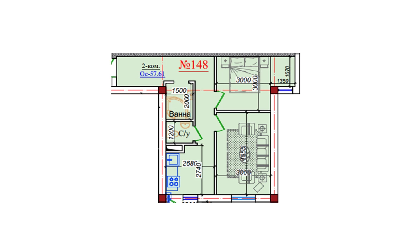 2-комнатная квартира 57.61 м²  2/2 этаж