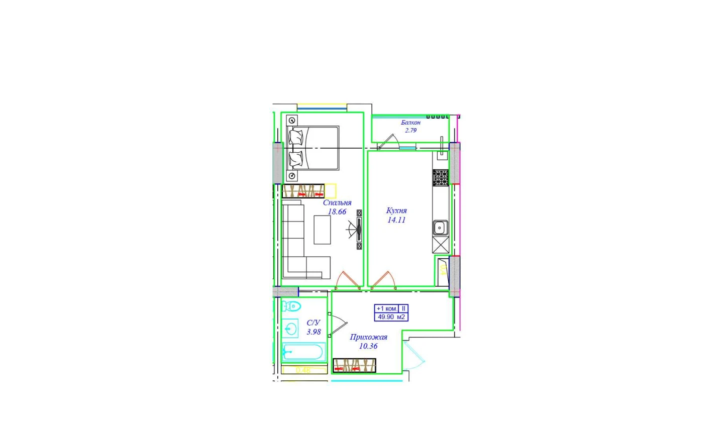 1-комнатная квартира 49.9 м²  5/5 этаж