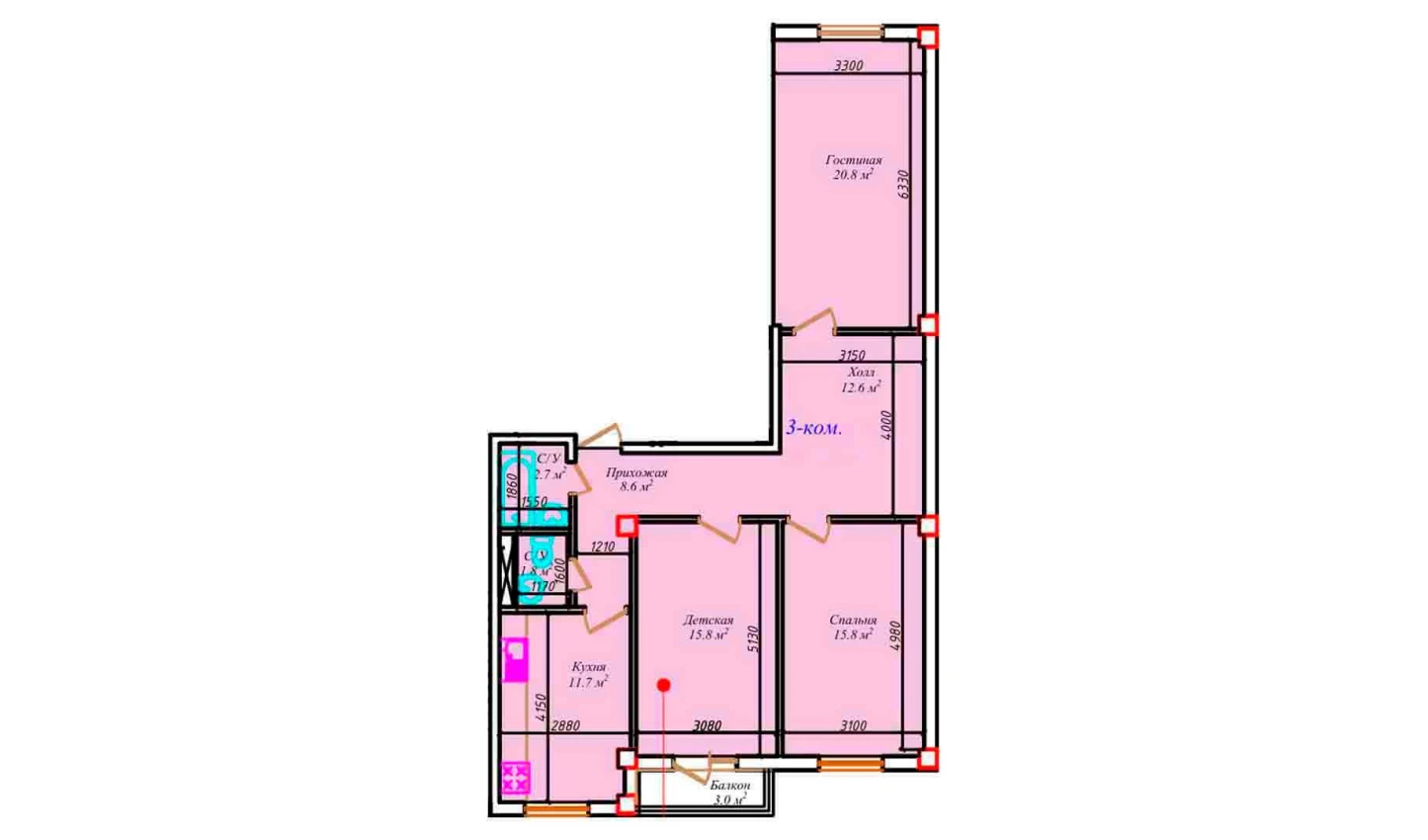 3-комнатная квартира 95.1 м²  4/4 этаж