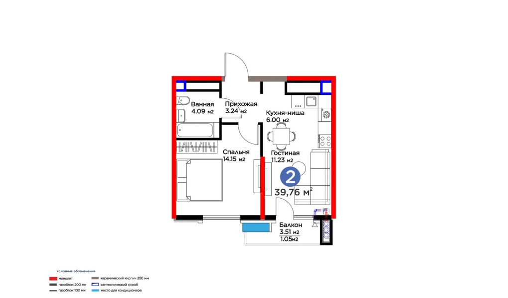 2-комнатная квартира 39.76 м²  12/12 этаж