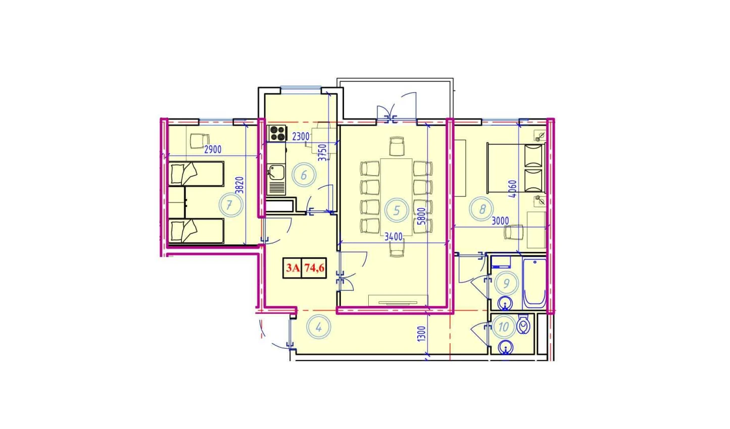 3-комнатная квартира 74.6 м²  8/8 этаж