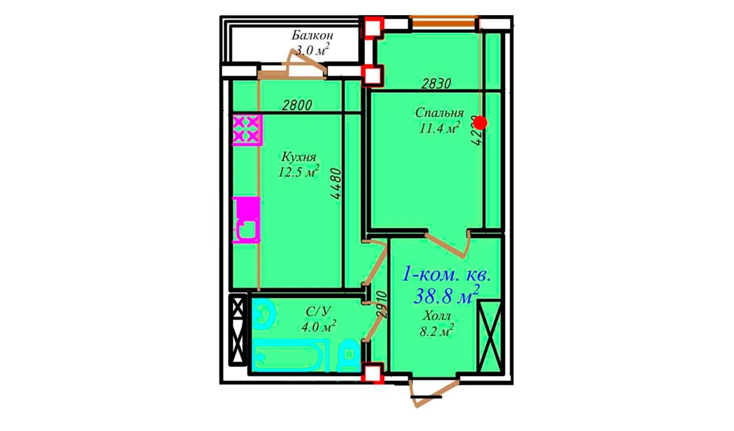 1-комнатная квартира 38.8 м²  5/5 этаж