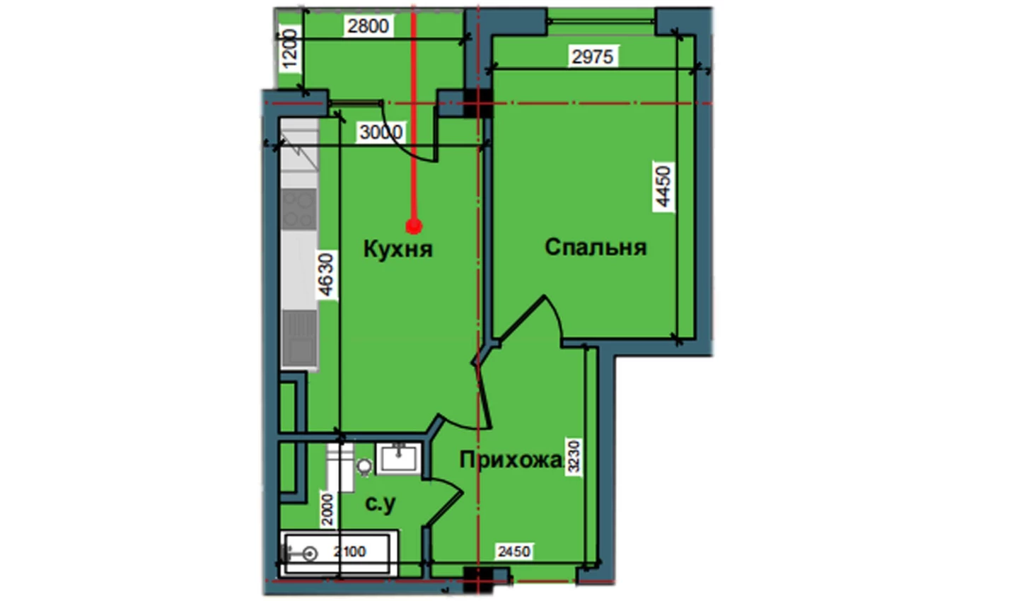 1-комнатная квартира 42.8 м²  3/3 этаж