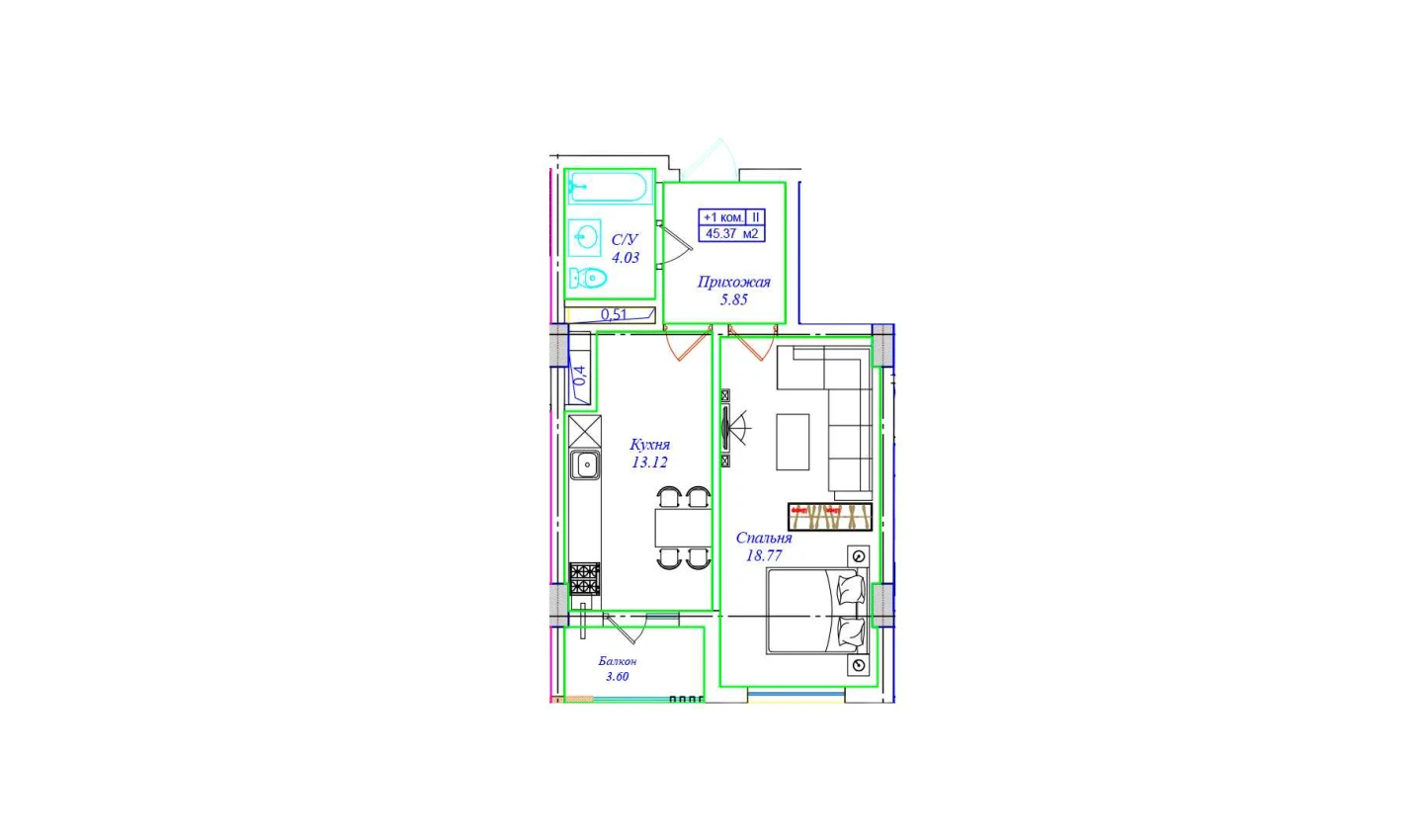 1-комнатная квартира 45.37 м²  5/5 этаж