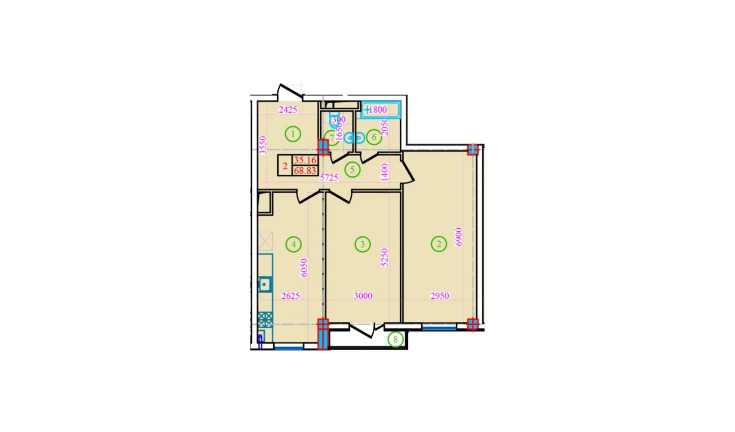 2-комнатная квартира 68.83 м²  9/9 этаж