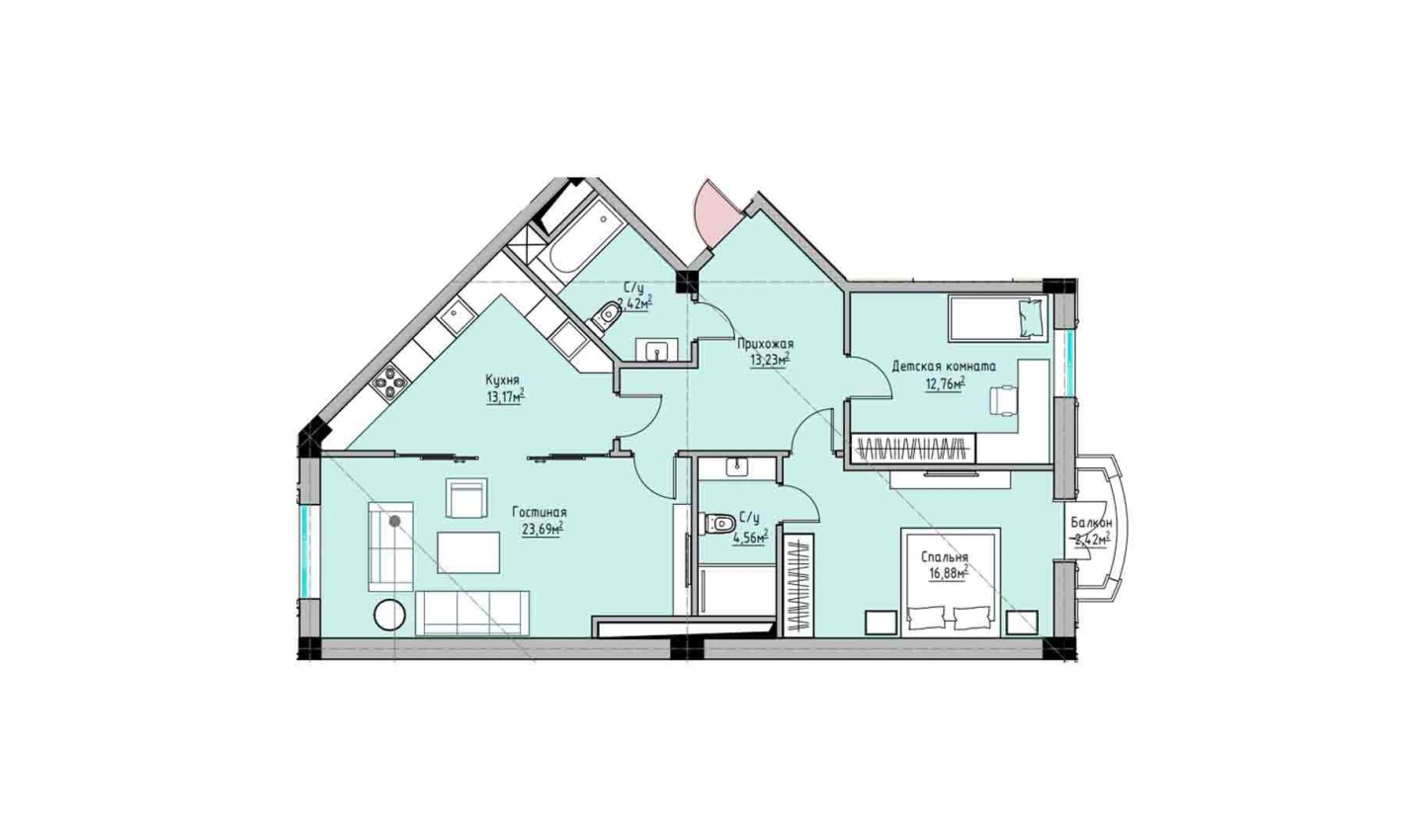 3-комнатная квартира 96.48 м²  8/8 этаж