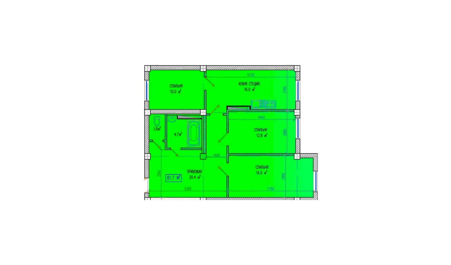 3-комнатная квартира 81.7 м²  1/1 этаж