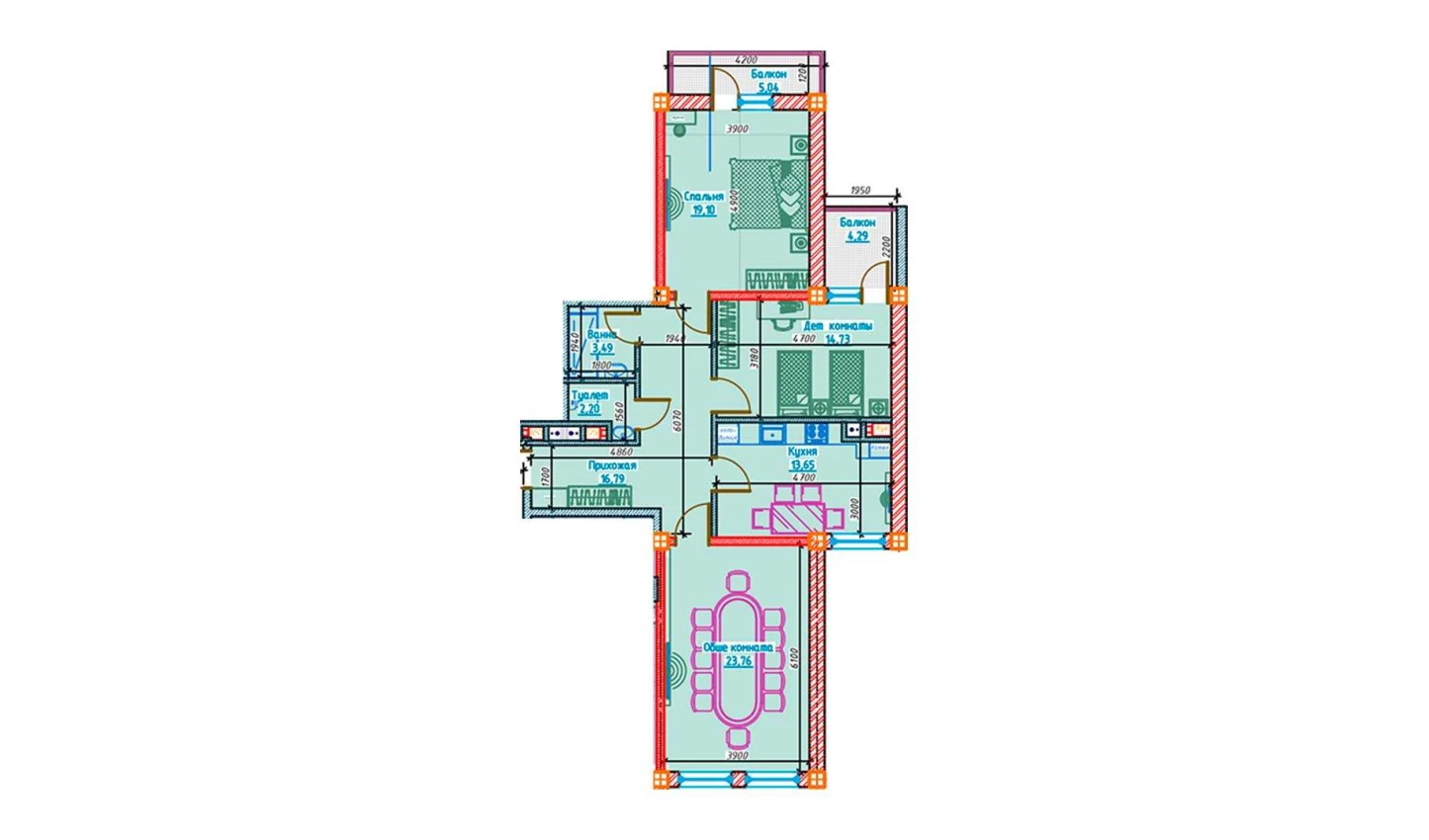 3-комнатная квартира 93.72 м²  11/11 этаж