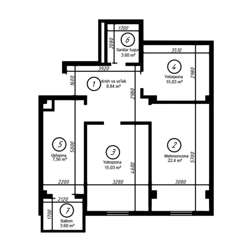 3-xonali xonadon 76 m²  6/8 qavat | YASHIL VODIY RESIDENCE Turar-joy majmuasi