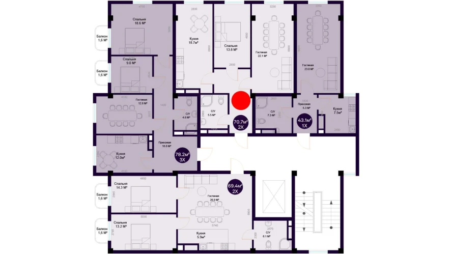 2-комнатная квартира 70.7 м²  3/3 этаж