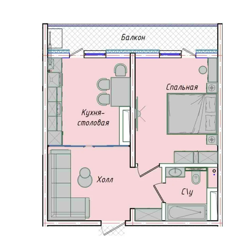 1-комнатная квартира 43.98 м²  4/4 этаж