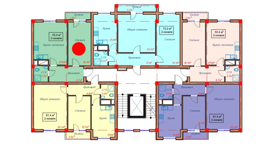 2-комнатная квартира 53.4 м²  4/4 этаж