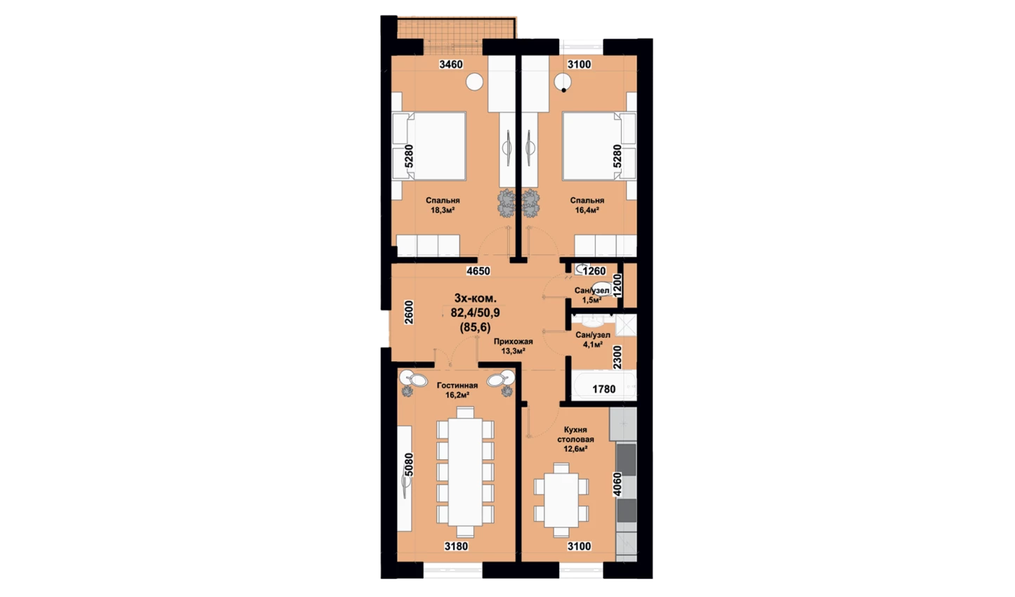 3-комнатная квартира 67.1 м²  7/7 этаж