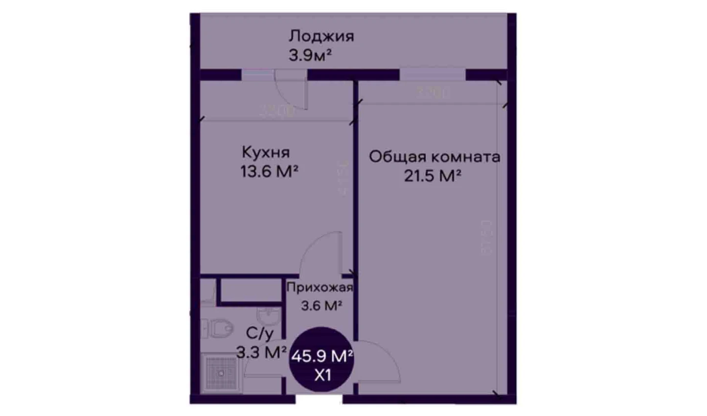 1-комнатная квартира 45.9 м²  3/3 этаж