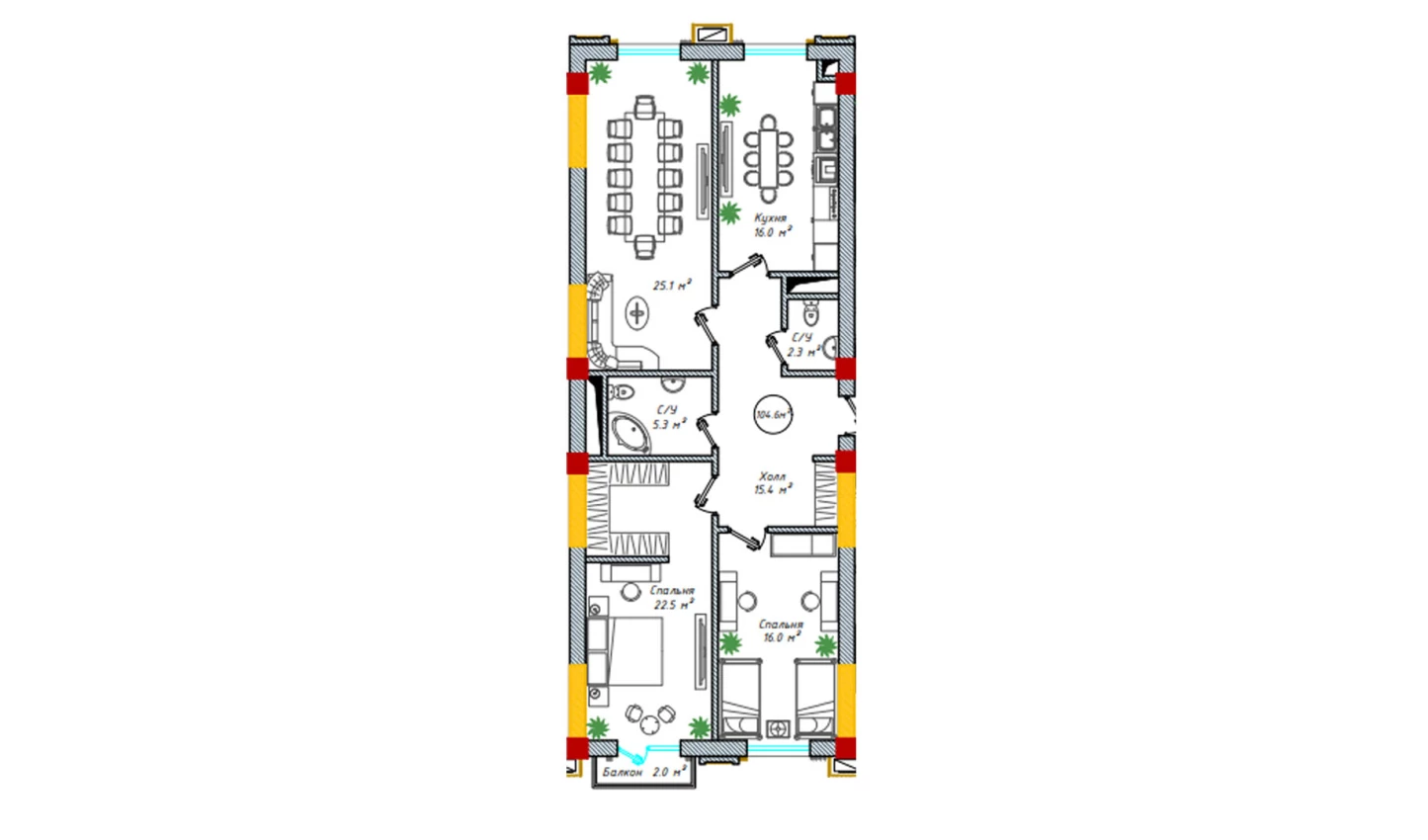 3-комнатная квартира 105 м²  12/12 этаж