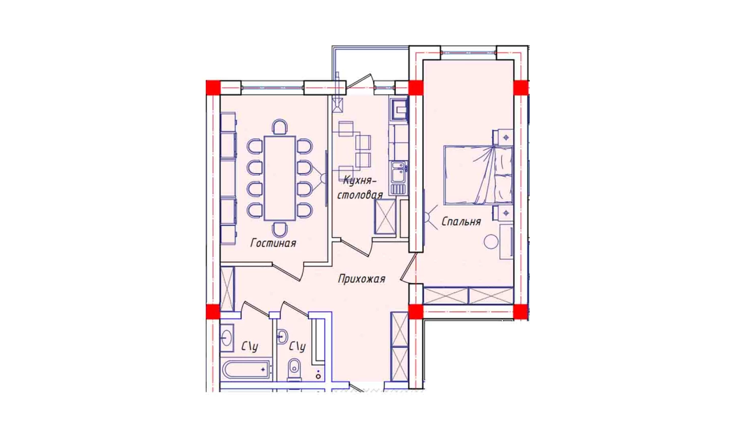 2-xonali xonadon 62.8 m²  6/6 qavat