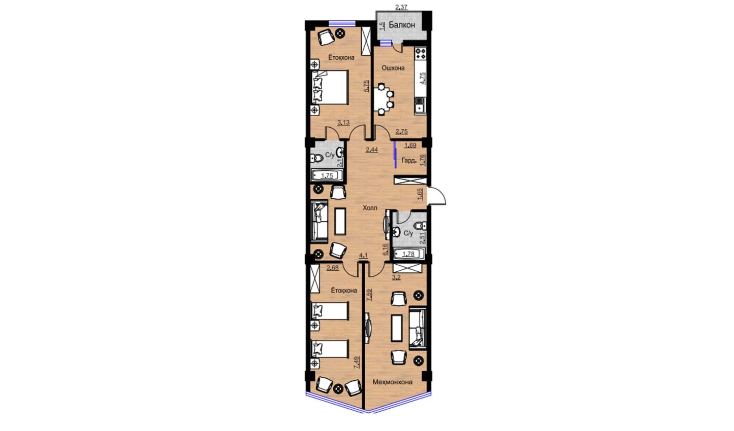 3-комнатная квартира 121.07 м²  3/3 этаж